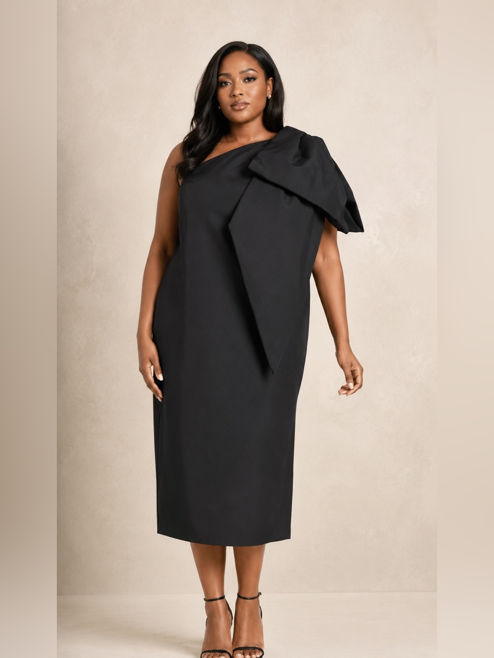 Eloquii Black One-Shoulder Bow-Accent Midi Dress
